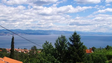 A coastal view with a clear sky, a body of water, and a distant mountain range.