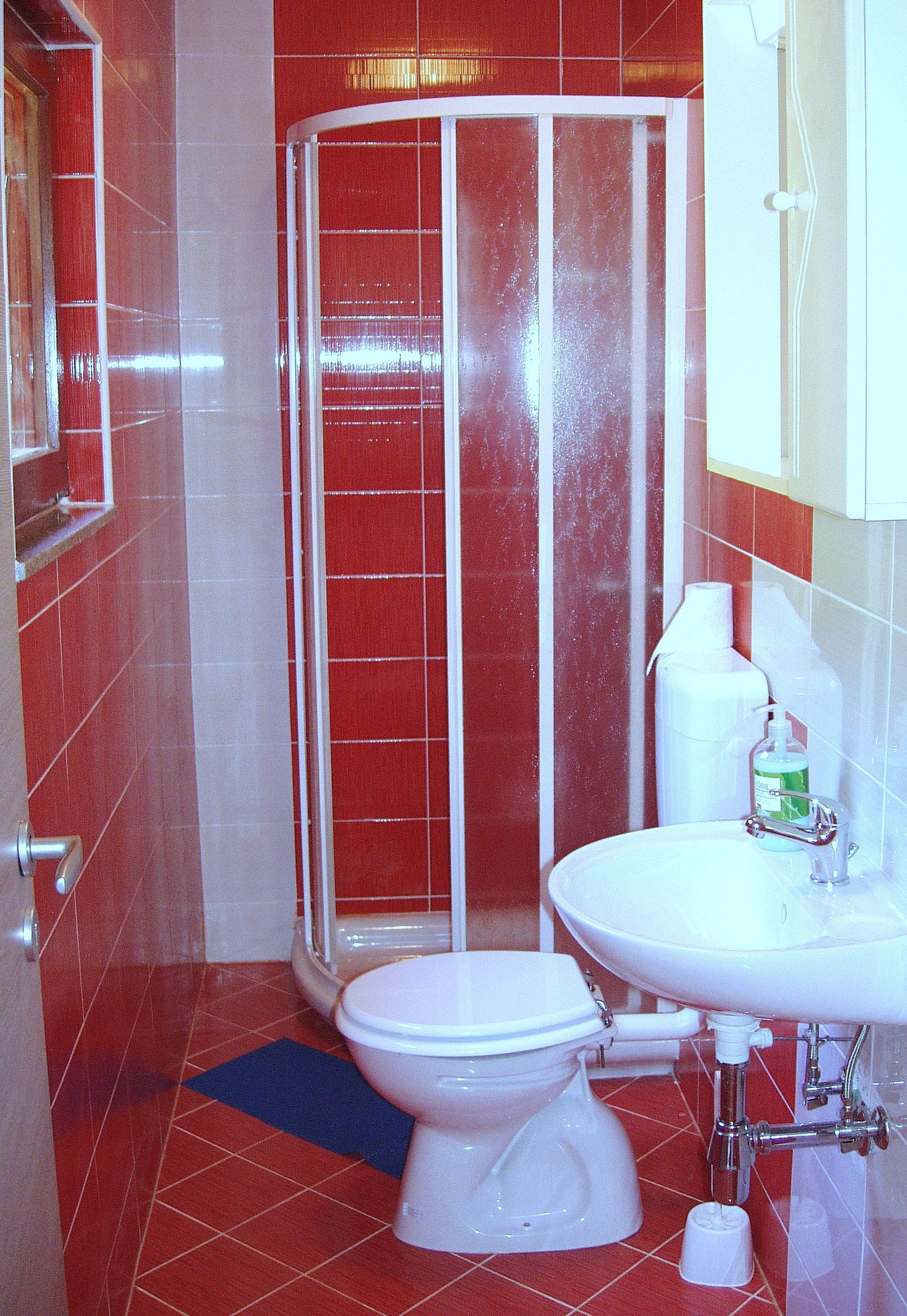 Un baño con inodoro blanco, cabina de ducha y lavamanos con espejo.