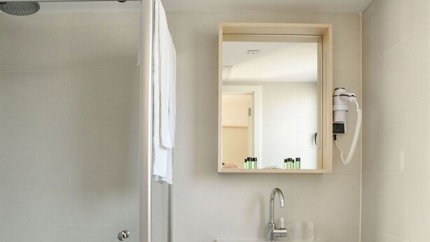 A modern bathroom with a glass-enclosed shower, a white sink, and a mirror above it. - Yadoya Hotel (Brussels)