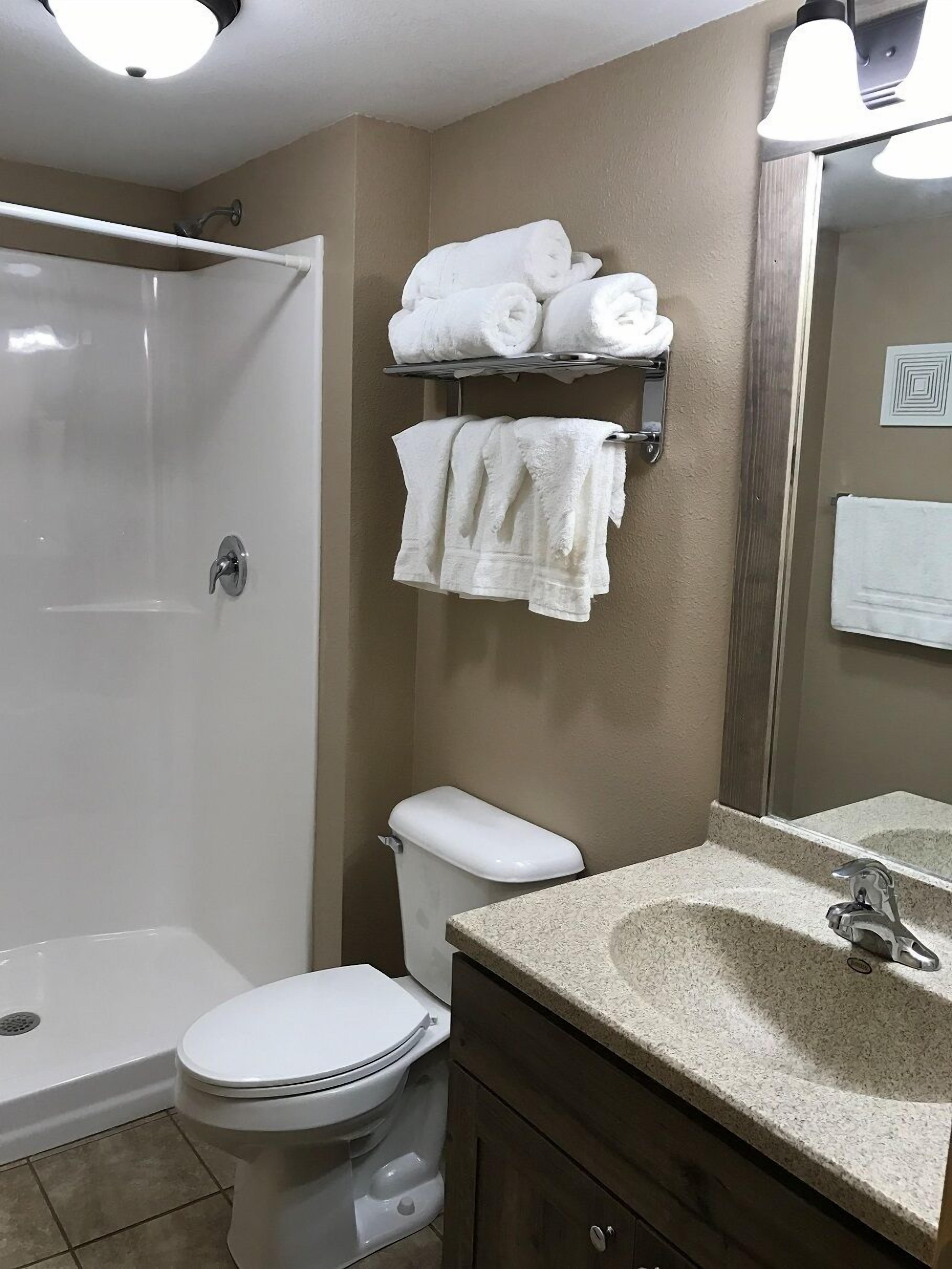 A bathroom with a shower, toilet, and sink.