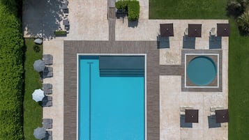 Seasonal outdoor pool, pool umbrellas, pool loungers