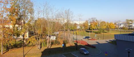 A parking area with multiple cars, a clear sky, and autumn-colored trees.