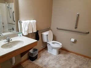 A bathroom with a sink, toilet, and handrails. - Woodside Old Towne Hotel (Mauston)