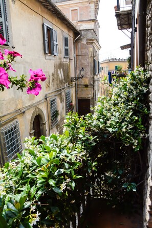 A narrow alley with buildings on either side, featuring arched doorways and shutters.