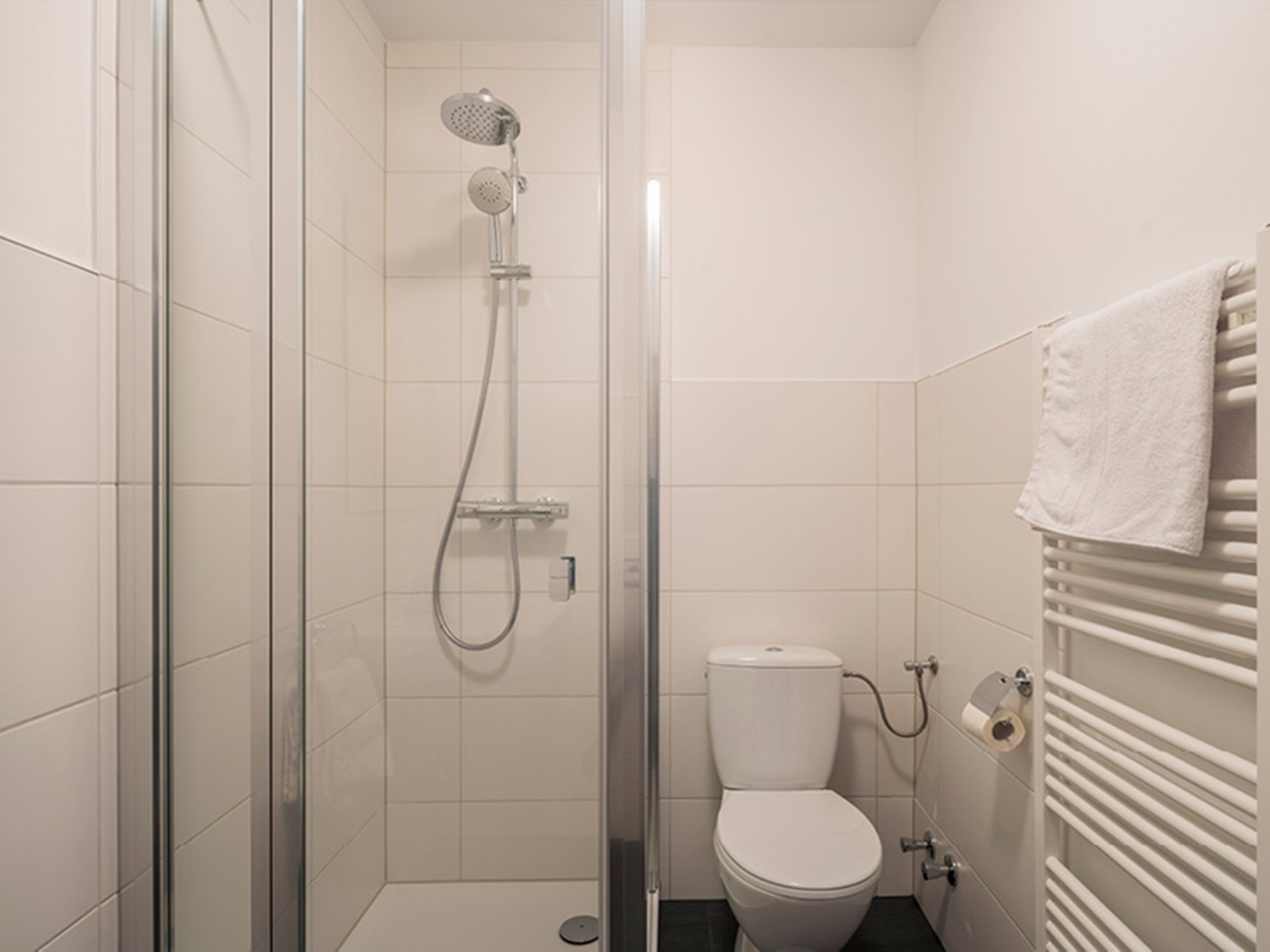A small, enclosed shower area with a glass door, a toilet, and a towel rack.