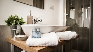 Une salle de bain moderne avec un grand lavabo, une plante en pot, deux bouteilles d’eau et une serviette posées sur un comptoir en bois.