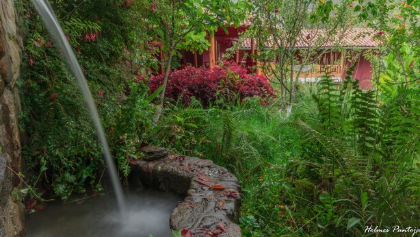 Un jardin paisible avec une cascade, une végétation luxuriante et un bâtiment traditionnel doté d’un toit rouge.