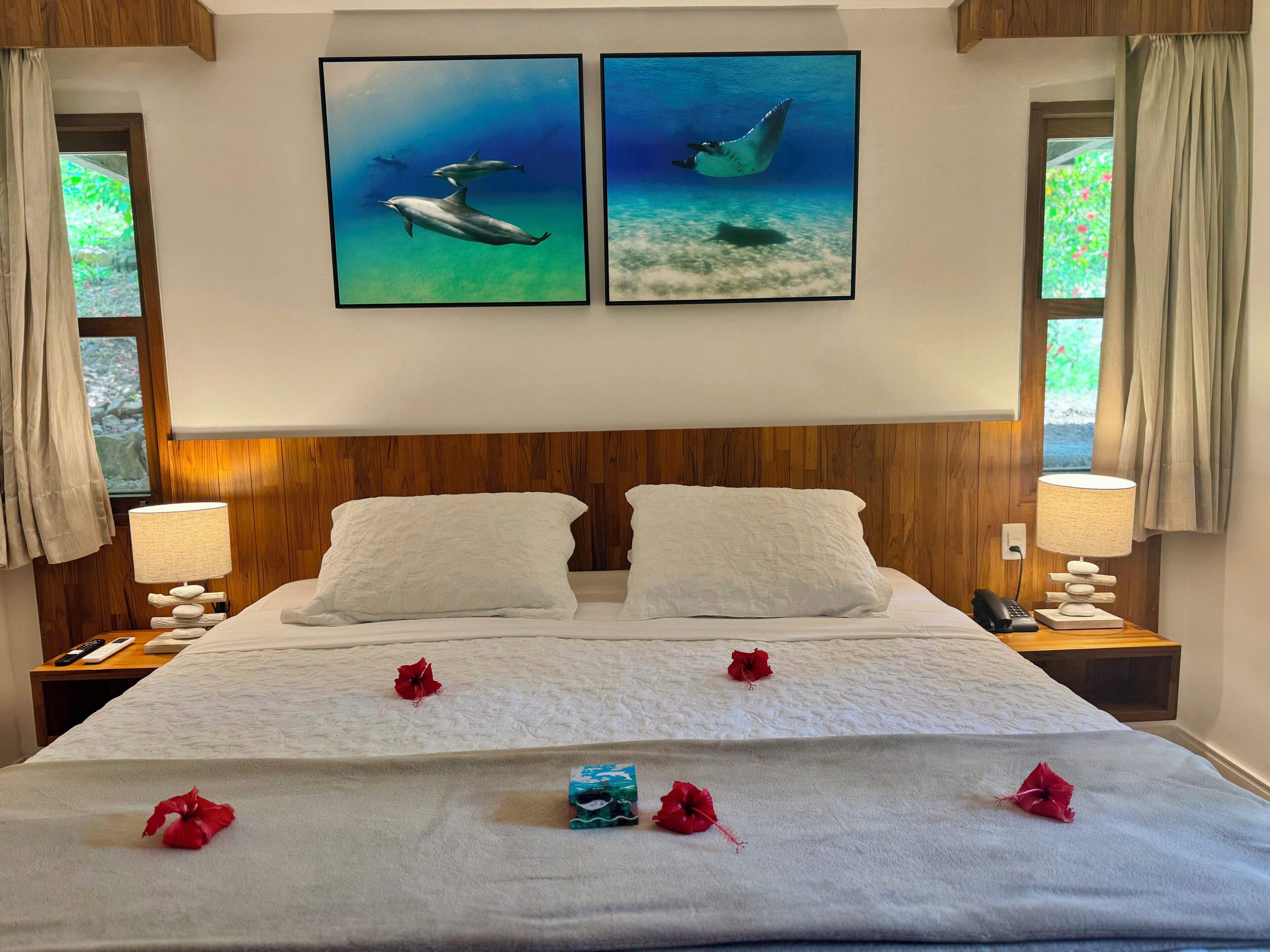 A hotel room with a wooden headboard, two paintings of dolphins, a bed with white linens, two bedside lamps, and a window with curtains.