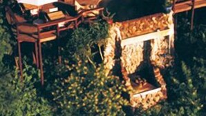 A thatched-roof outdoor seating area with wooden tables and chairs, surrounded by greenery. - Tanamera Lodge (Sabie)