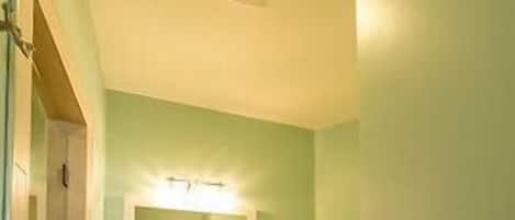 Un bany amb una paret verda, un lavabo blanc i un focar de tortuga.