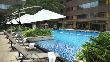 Outdoor pool, pool umbrellas, pool loungers
