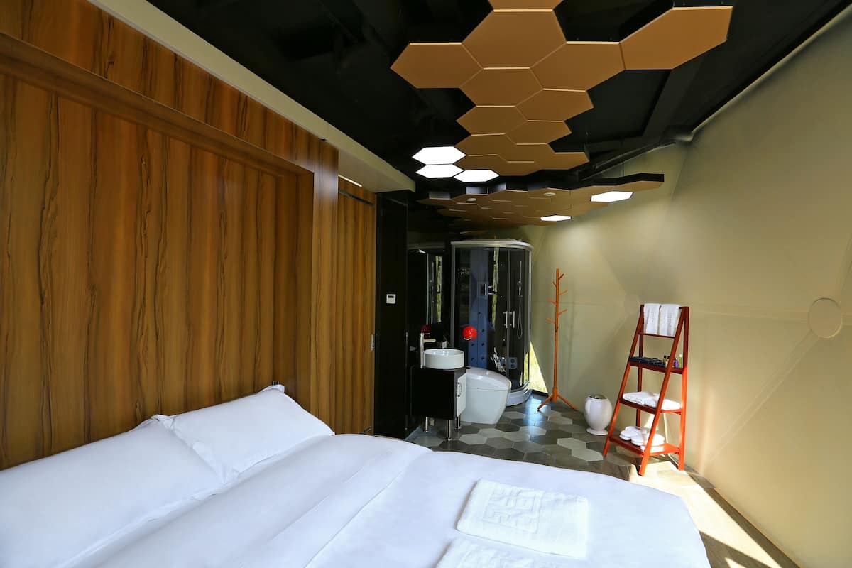 Une chambre d’hôtel avec un grand lit, un mur recouvert de panneaux en bois, un design moderne au plafond, une salle de bain avec un lavabo et des toilettes, et un porte-chaussures.