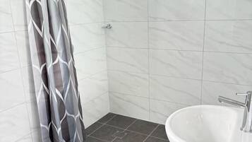 A bathroom with a shower, a sink, and tiled walls.