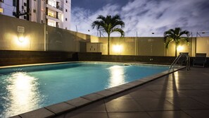 Outdoor pool, pool umbrellas, pool loungers