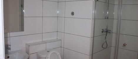 A bathroom with a toilet, sink, and shower.