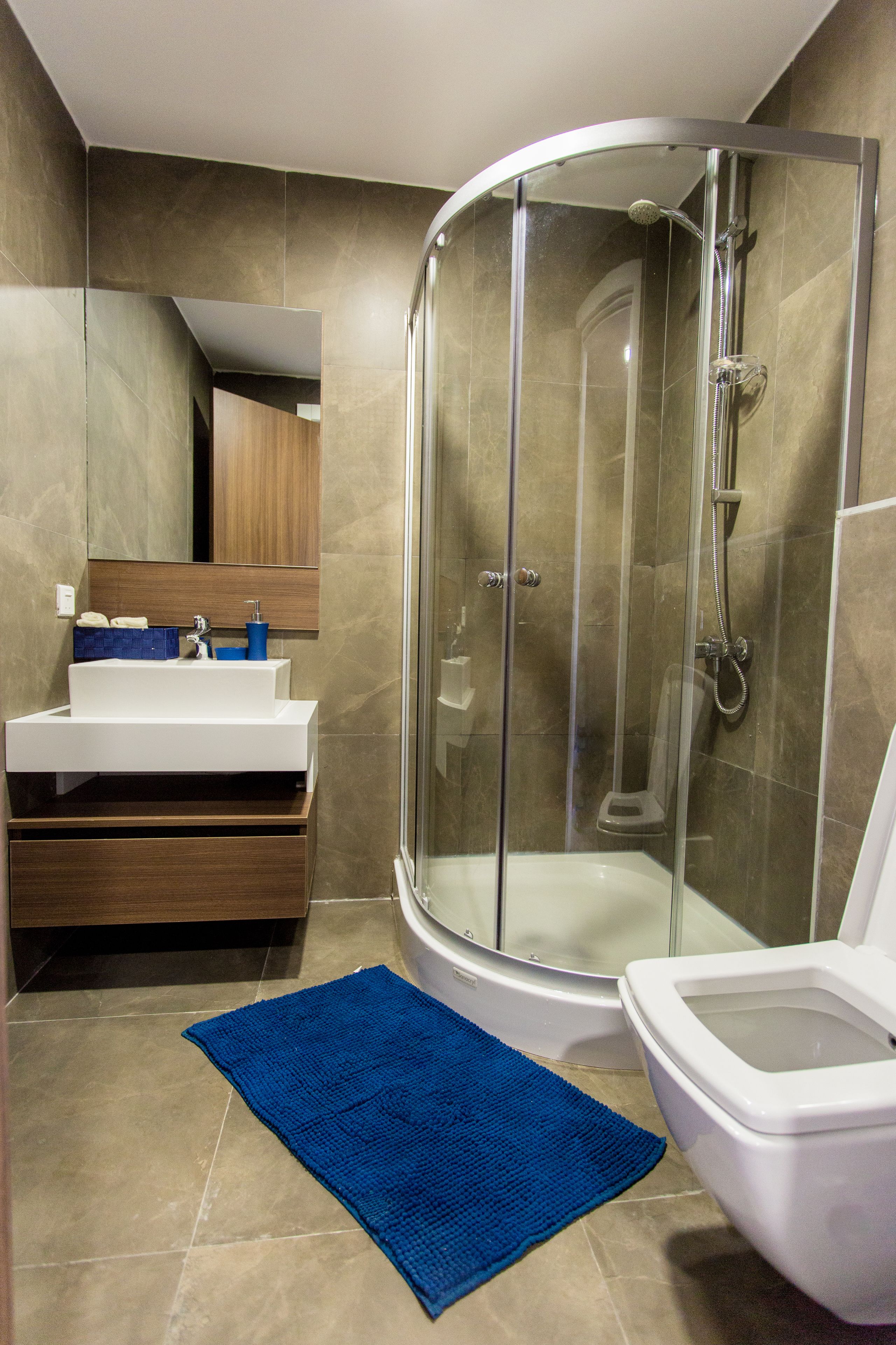 A modern bathroom with a glass-enclosed shower, a white sink, and a toilet.