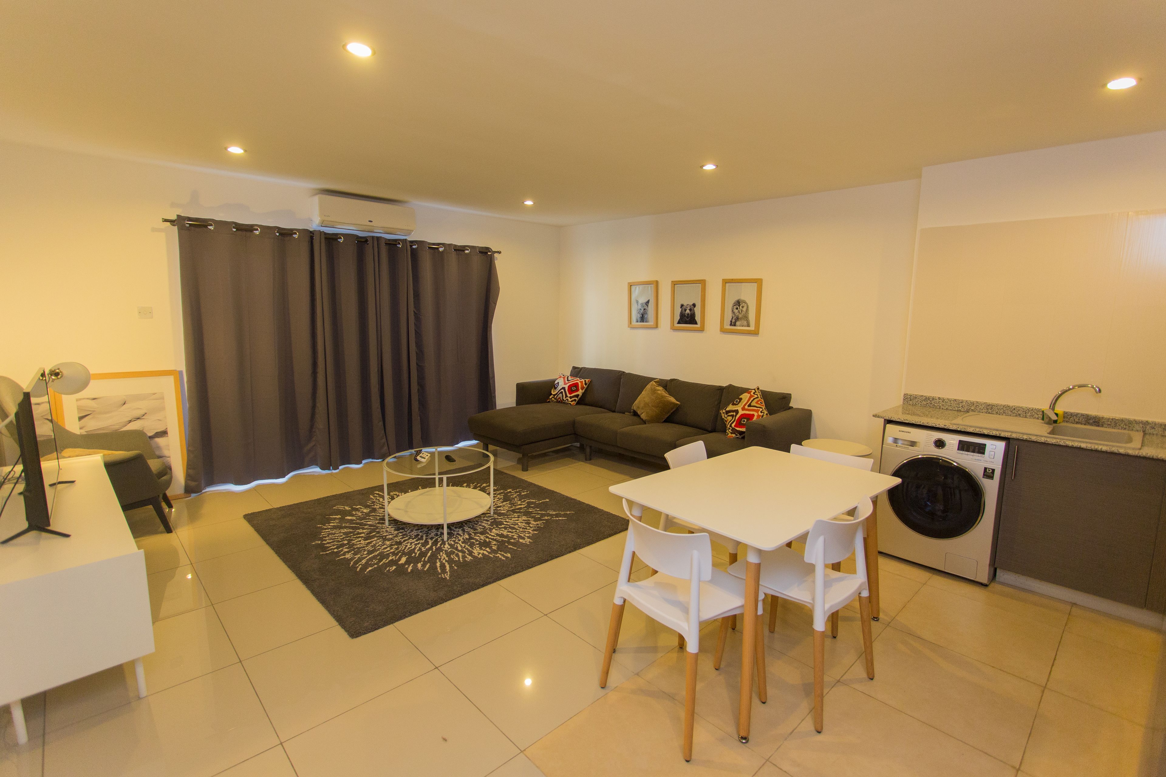 A modern living room with a sofa, a dining table, and a washing machine.