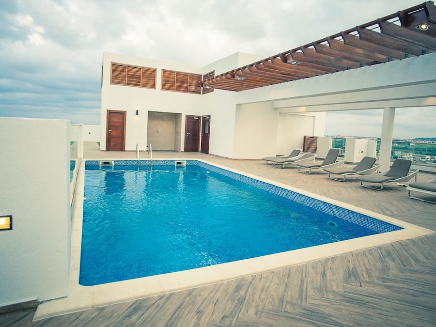 Outdoor pool, pool umbrellas, pool loungers