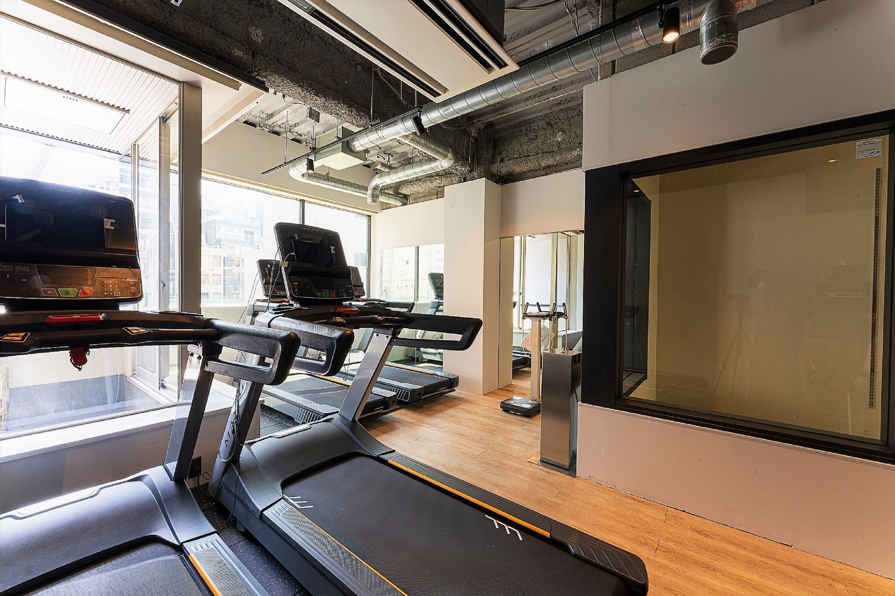 A gym with treadmills, a stationary bike, and a weight machine.