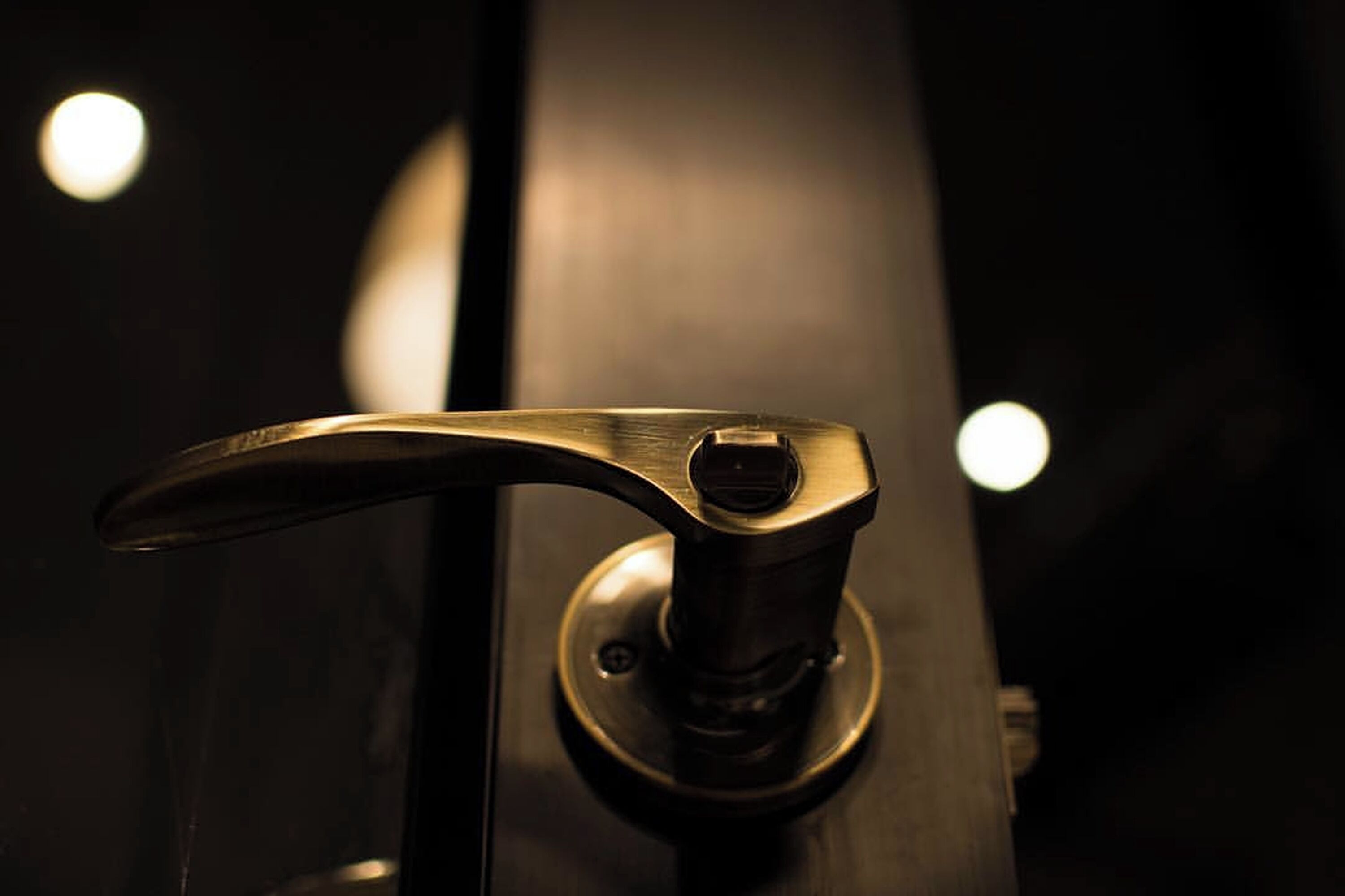 A metallic door handle with a round knob, set in a dark wooden door.