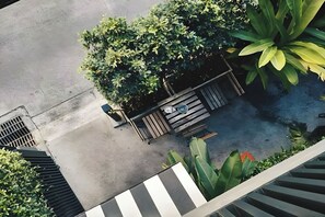 A top-down view of a courtyard with a wooden bench, a planter, and a large plant.