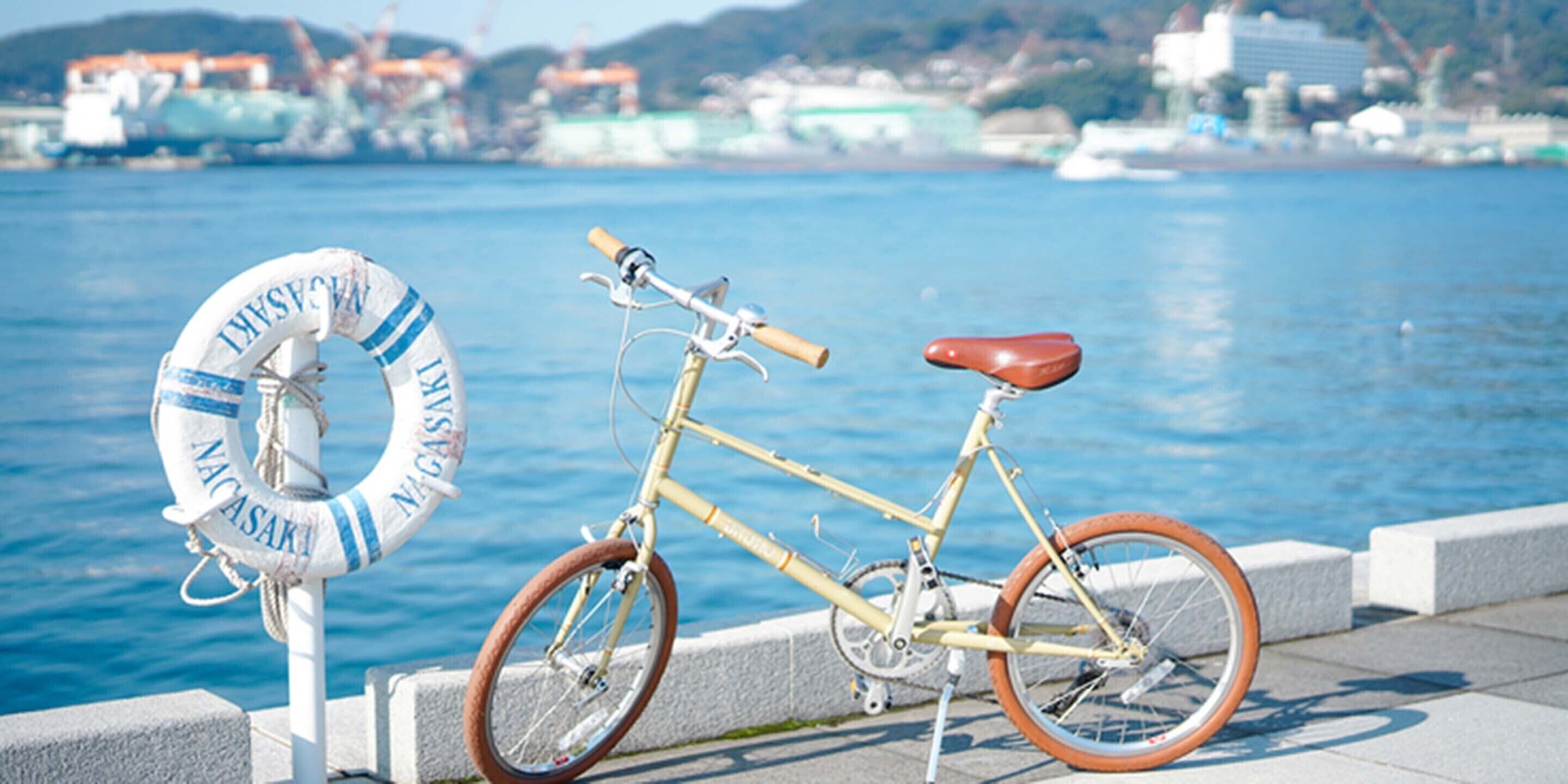 A bicycle parked next to a lifebuoy by a waterfront.