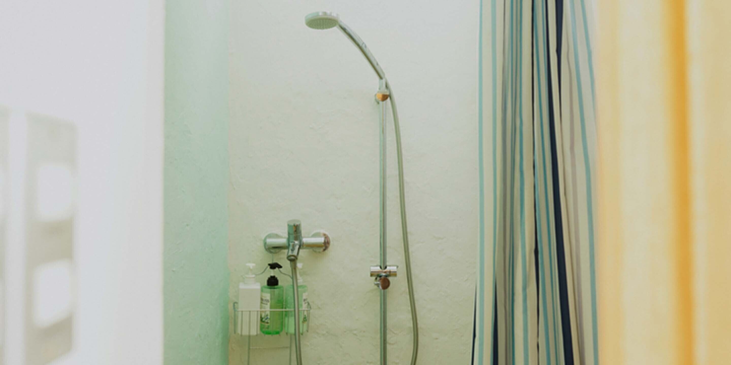 Doccia con soffione a mano e rubinetto montato sulla parete, erogatore di sapone e piccolo ripiano con articoli da toilette.