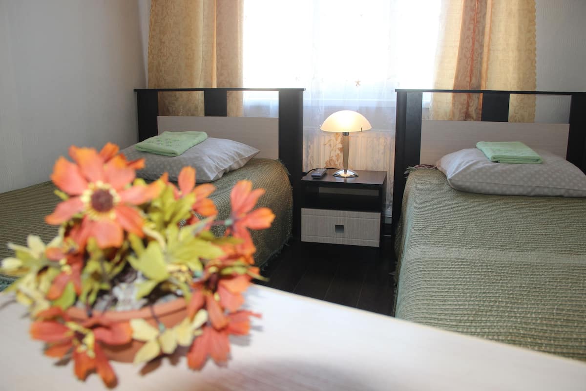 Chambre Standard avec lits jumeaux, salle de bains commune | Bureau, fer et planche Ă repasser, accĂšs au Wi-Fi (inclus)