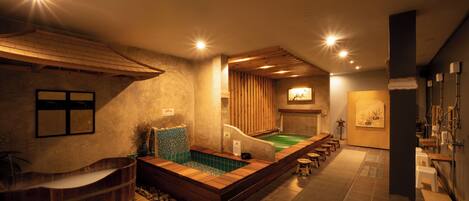A spa with a hot tub, a small pool, and a sauna.