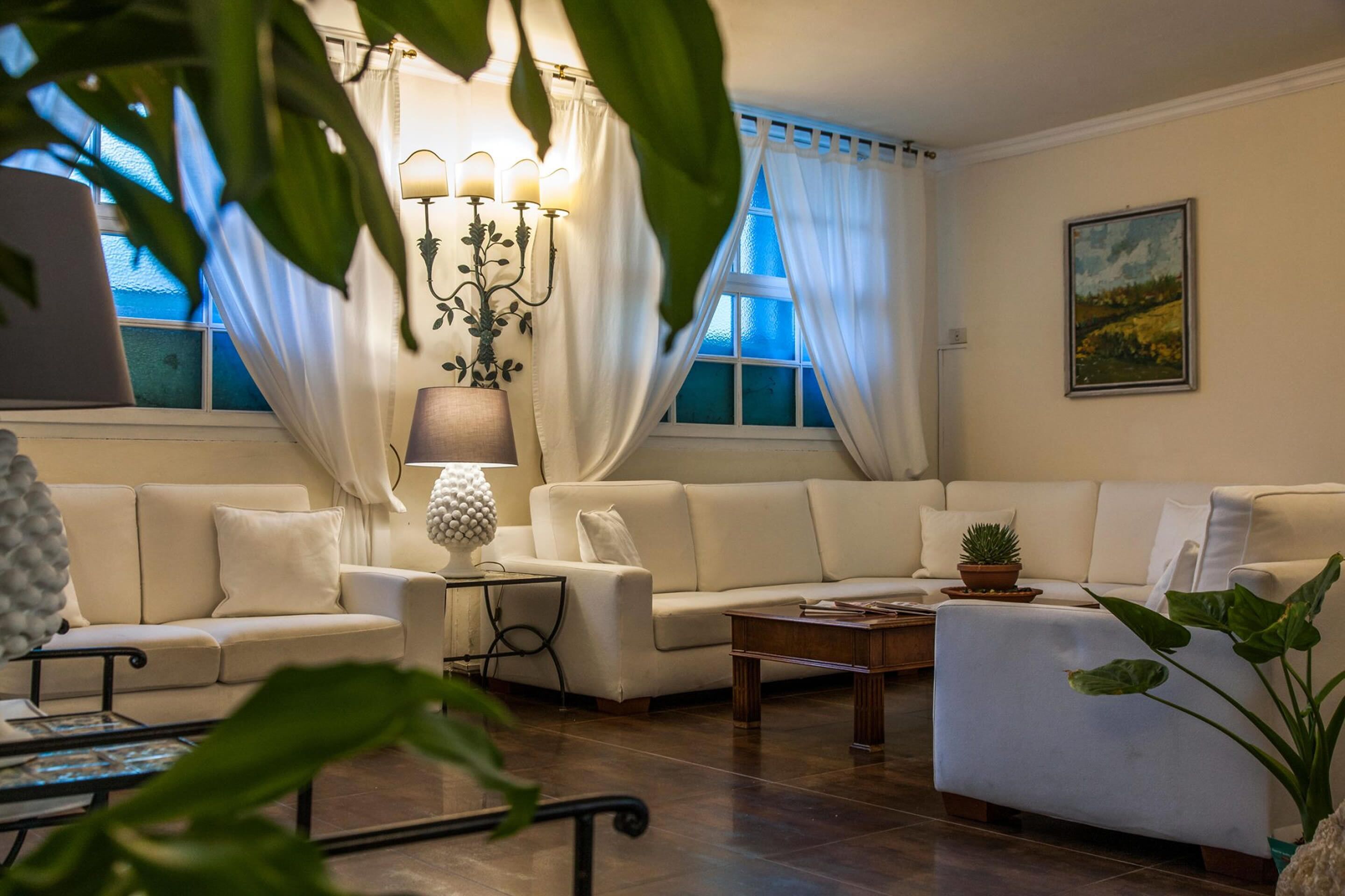 Una sala de estar con un sofá, una mesa de centro, una lámpara y una planta en maceta.