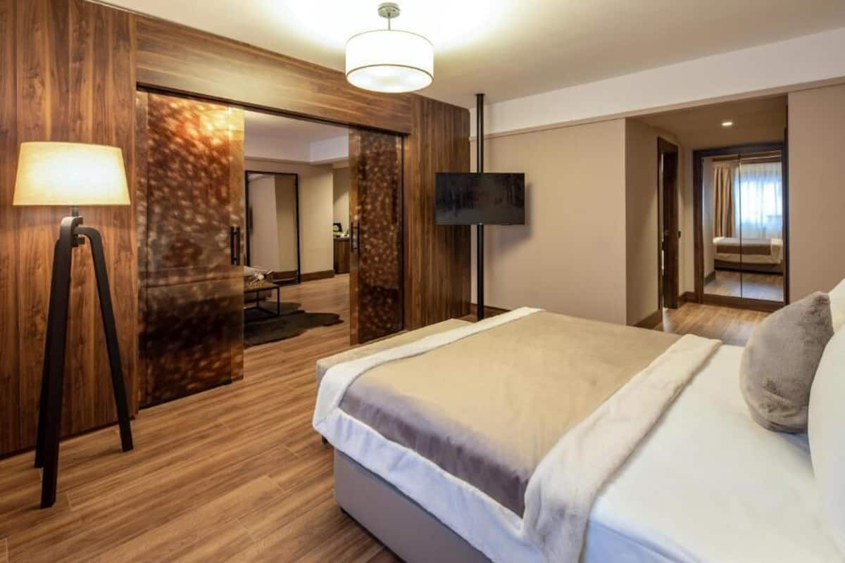 Une chambre d’h ôtel avec un grand lit, une télévision, une lampe et un mur en bois.