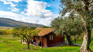 A rustic wooden cabin with a sloped roof, surrounded by lush greenery and olive trees, set against a backdrop of rolling hills.