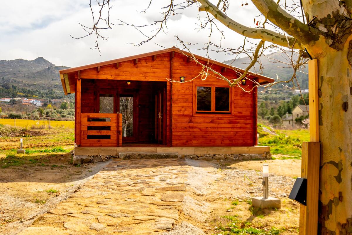 Eine Holzhütte mit einem Steinweg, der zum Eingang führt, eingebettet in eine ländliche Landschaft mit Bergen im Hintergrund.