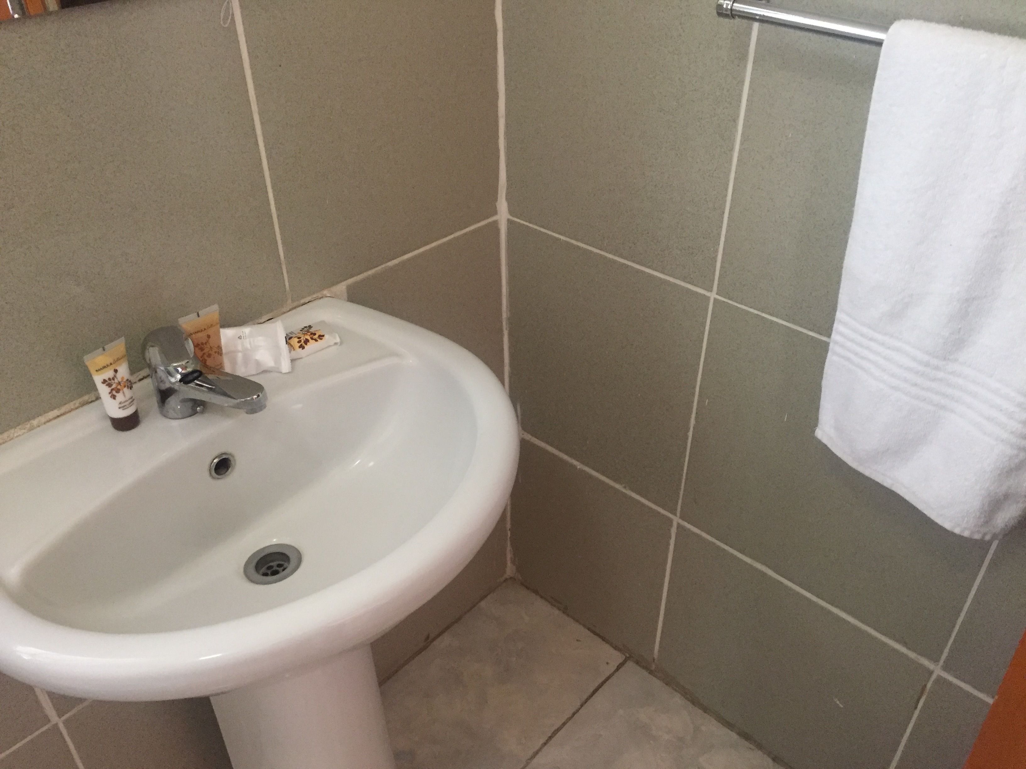 Een badkamer met een wit zuilwastafeltje, een handdoek aan een rek, en toiletartikelen op de wastafel.