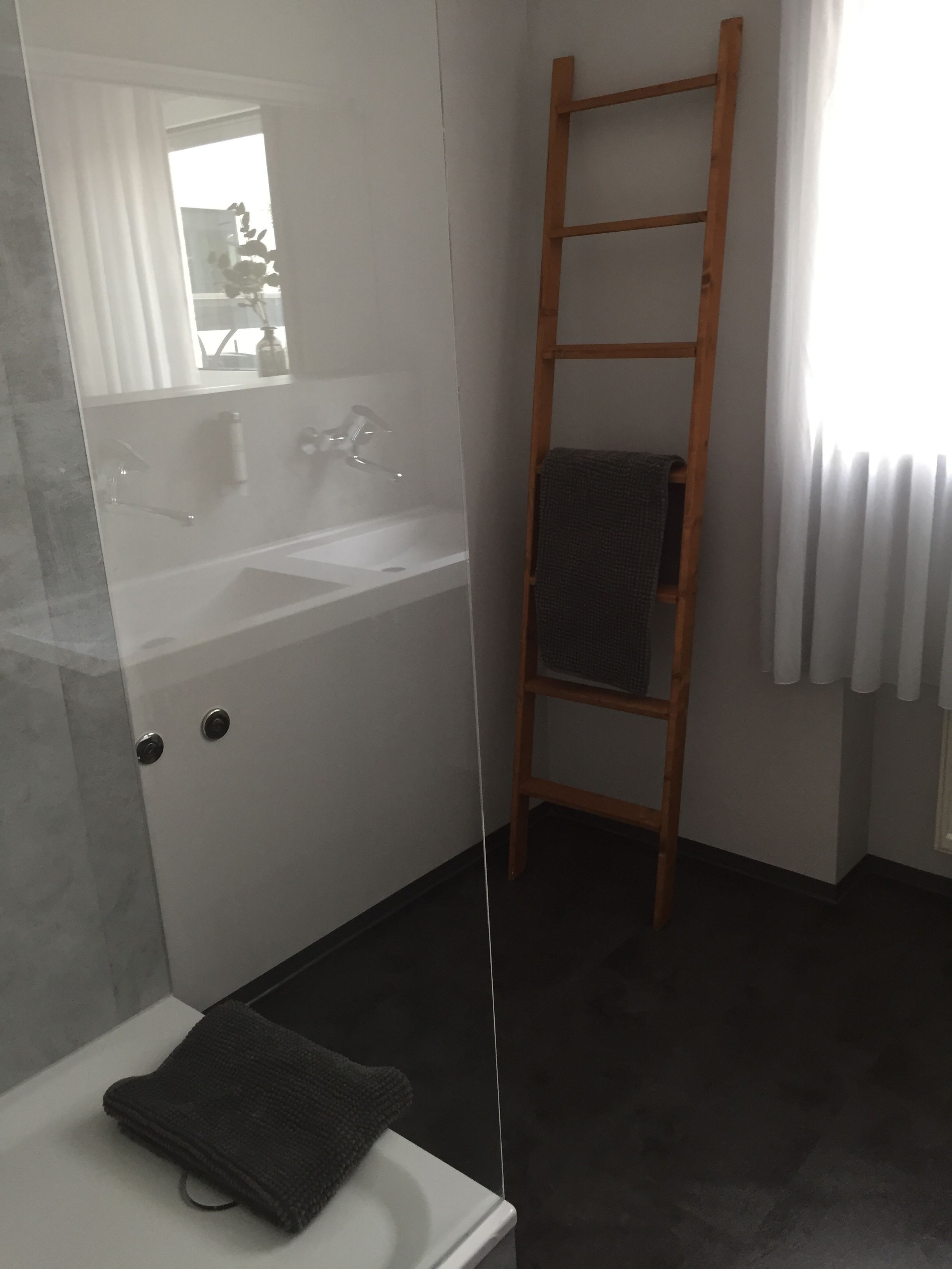 A modern bathroom with a glass shower enclosure, a white sink, and a wooden ladder leaning against the wall.