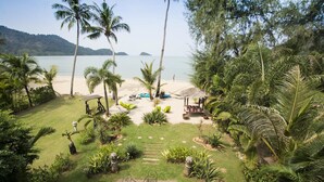 Un jardín tropical con patio, palmeras y vista a la playa.