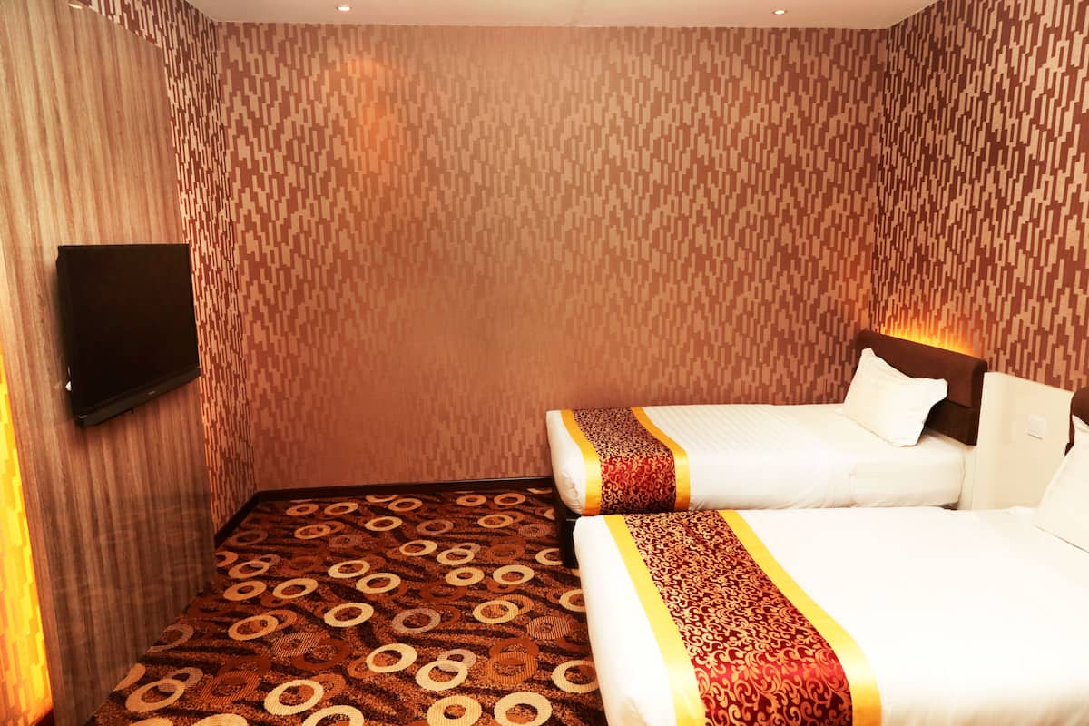 Una habitación de hotel con dos camas, una alfombra estampada y un televisor instalado en la pared.
