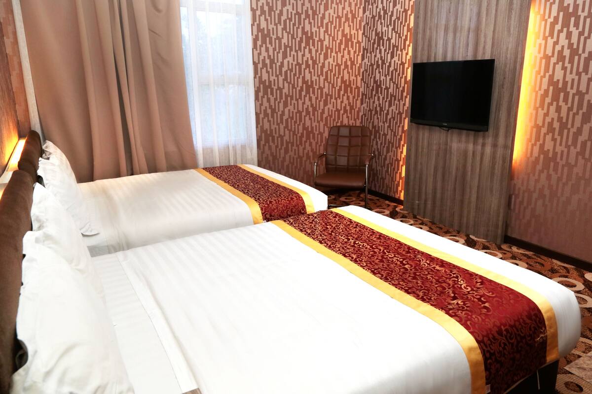 Habitación de hotel con dos camas, un televisor en la pared y una alfombra estampada.