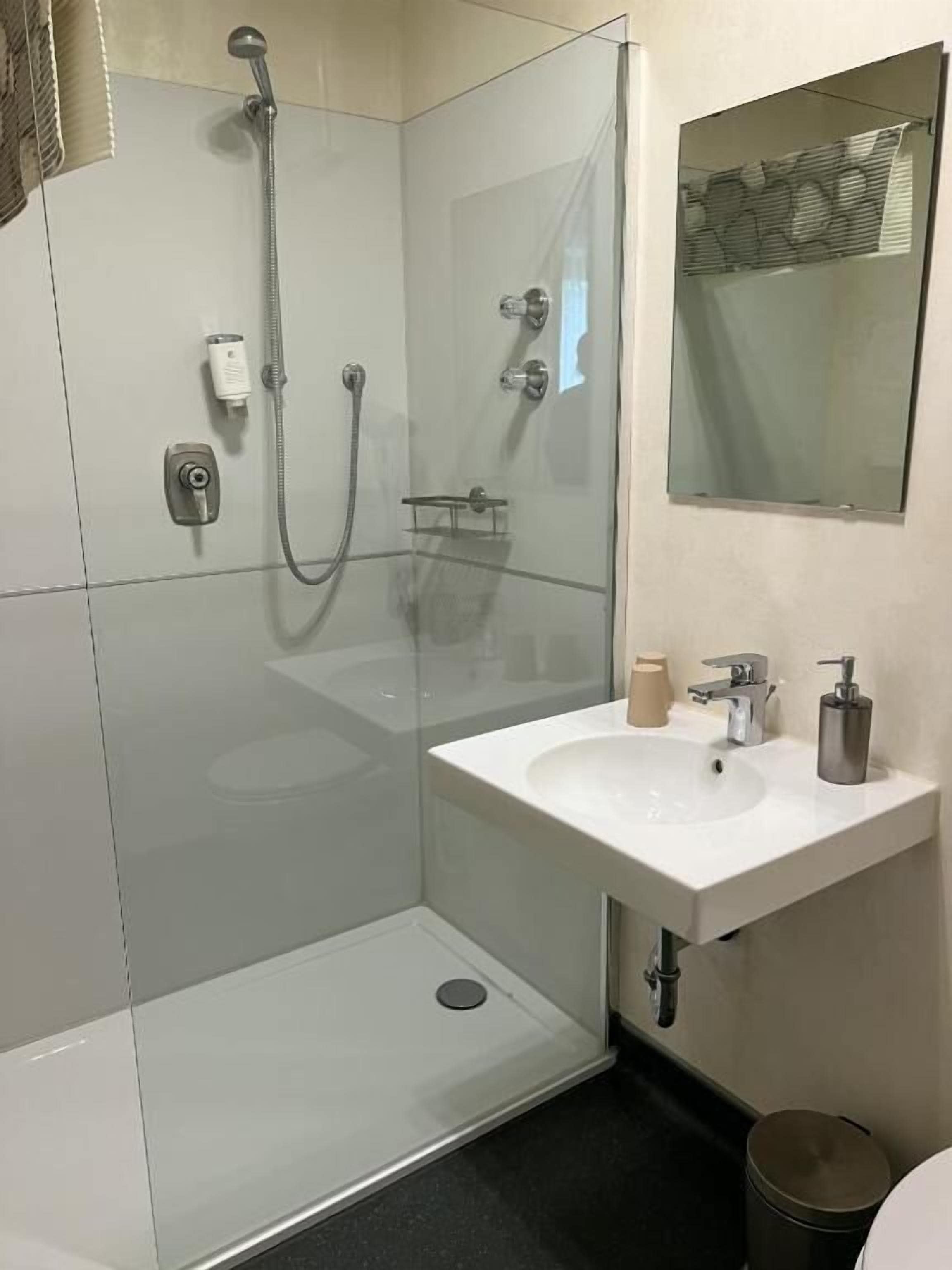 A modern bathroom with a glass-enclosed shower, a white sink, and a mirror above it.