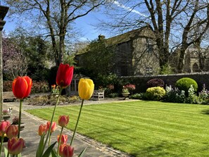 A garden with tulips in the foreground and a stone building in the background. - The Old Vicarage B&B (Buxton)