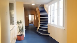 A hallway with a blue carpet, a staircase with white railings, and a potted plant.