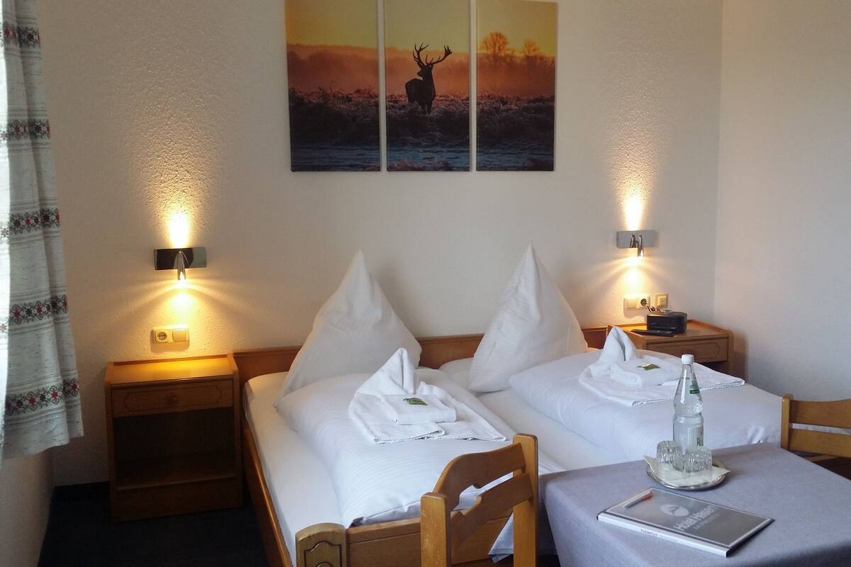 Hotellihuone, jossa on kaksi sänkyä, pöytä, jossa on muistikirja, pullo ja laseja. Seinälle on asennettu valaisimia, ja sänkyjen yläpuolella on taulu.