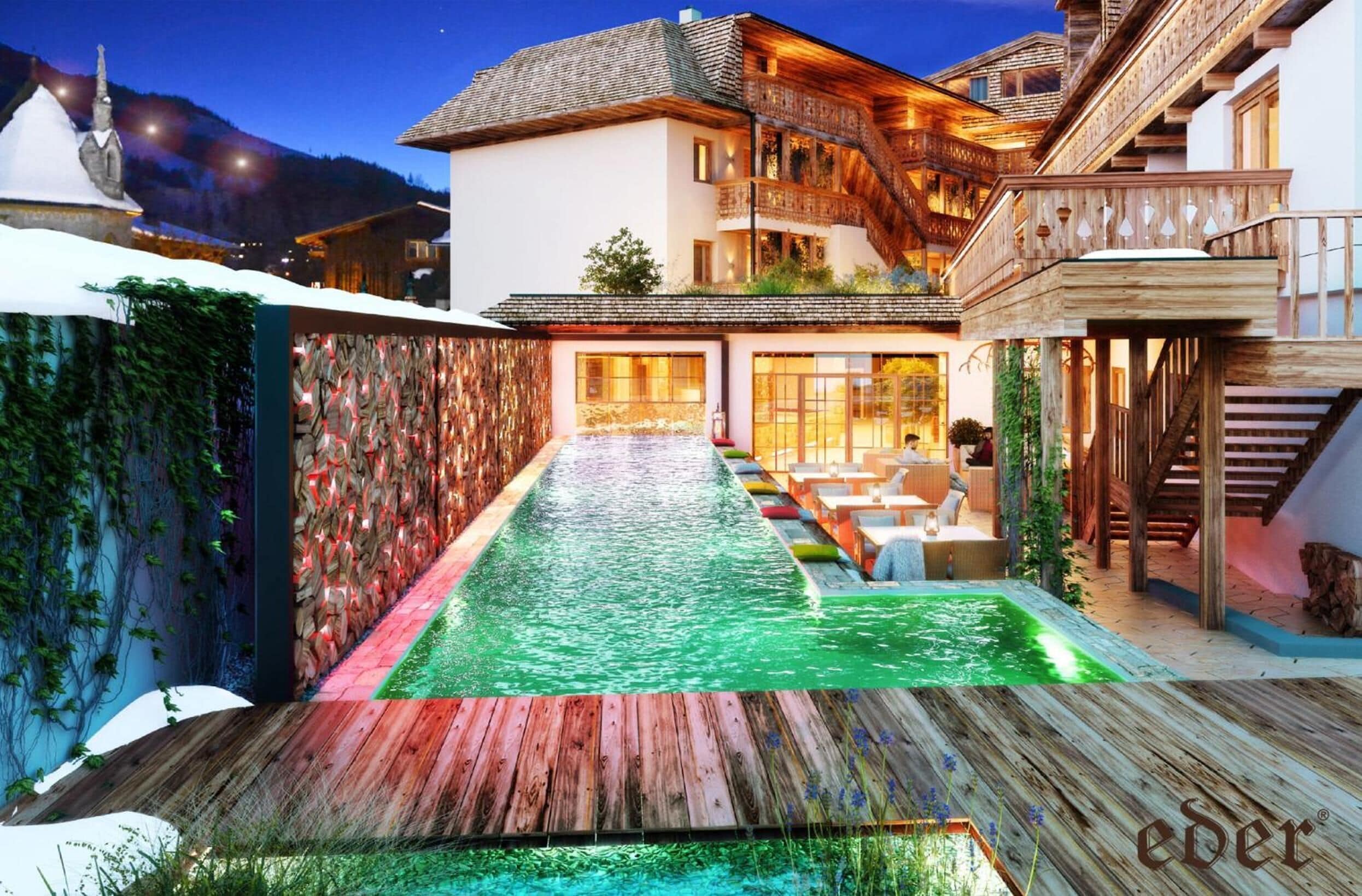 Piscine couverte, piscine extérieure, chaises longues