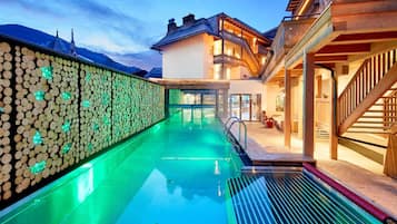 Indoor pool, outdoor pool, pool loungers