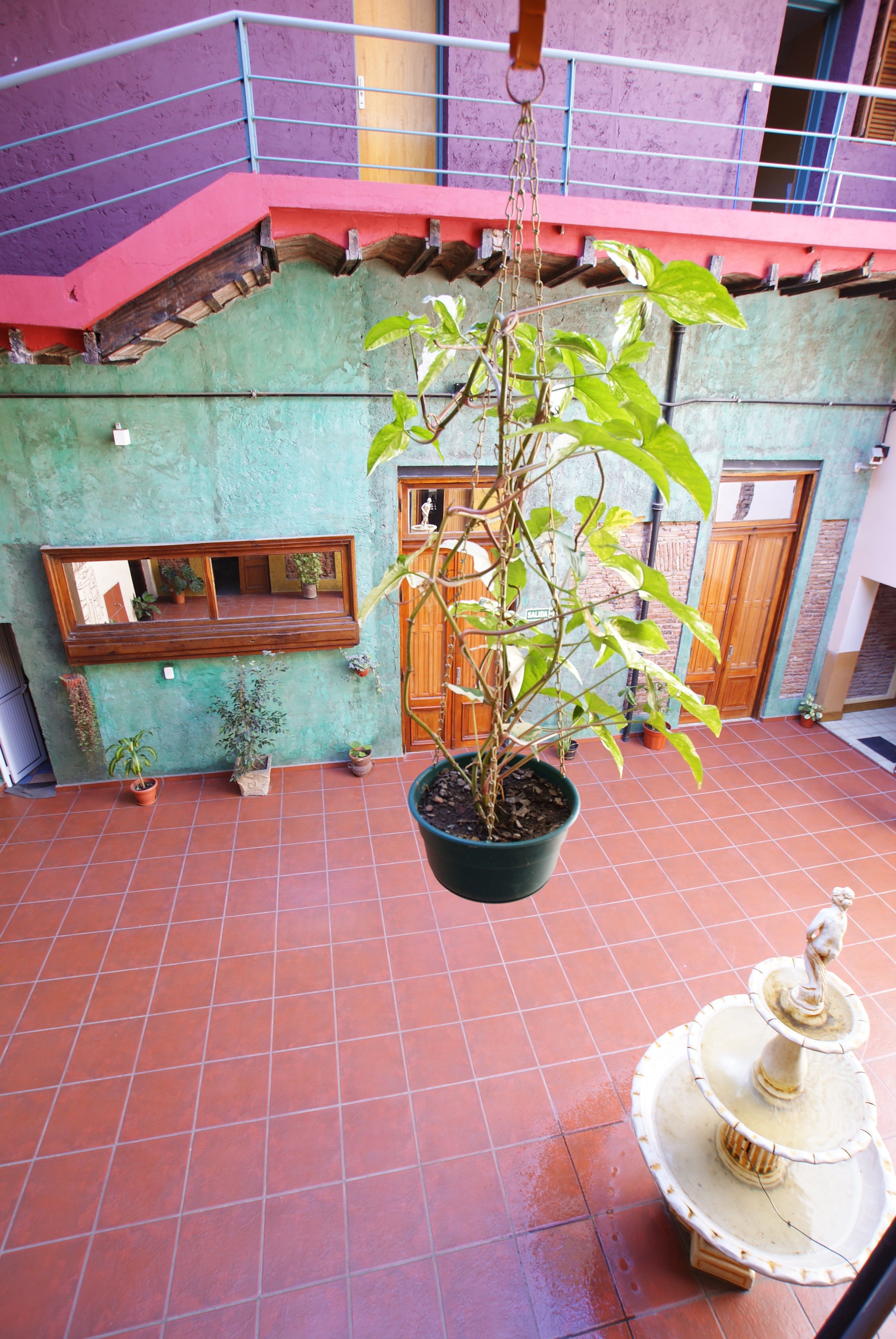 A potted plant hanging from a balcony, a small fountain, and a window with a view of the street.