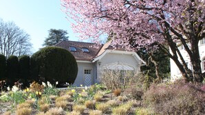 Una casa con un giardino curato, con diverse piante e un grande albero fiorito di rosa.