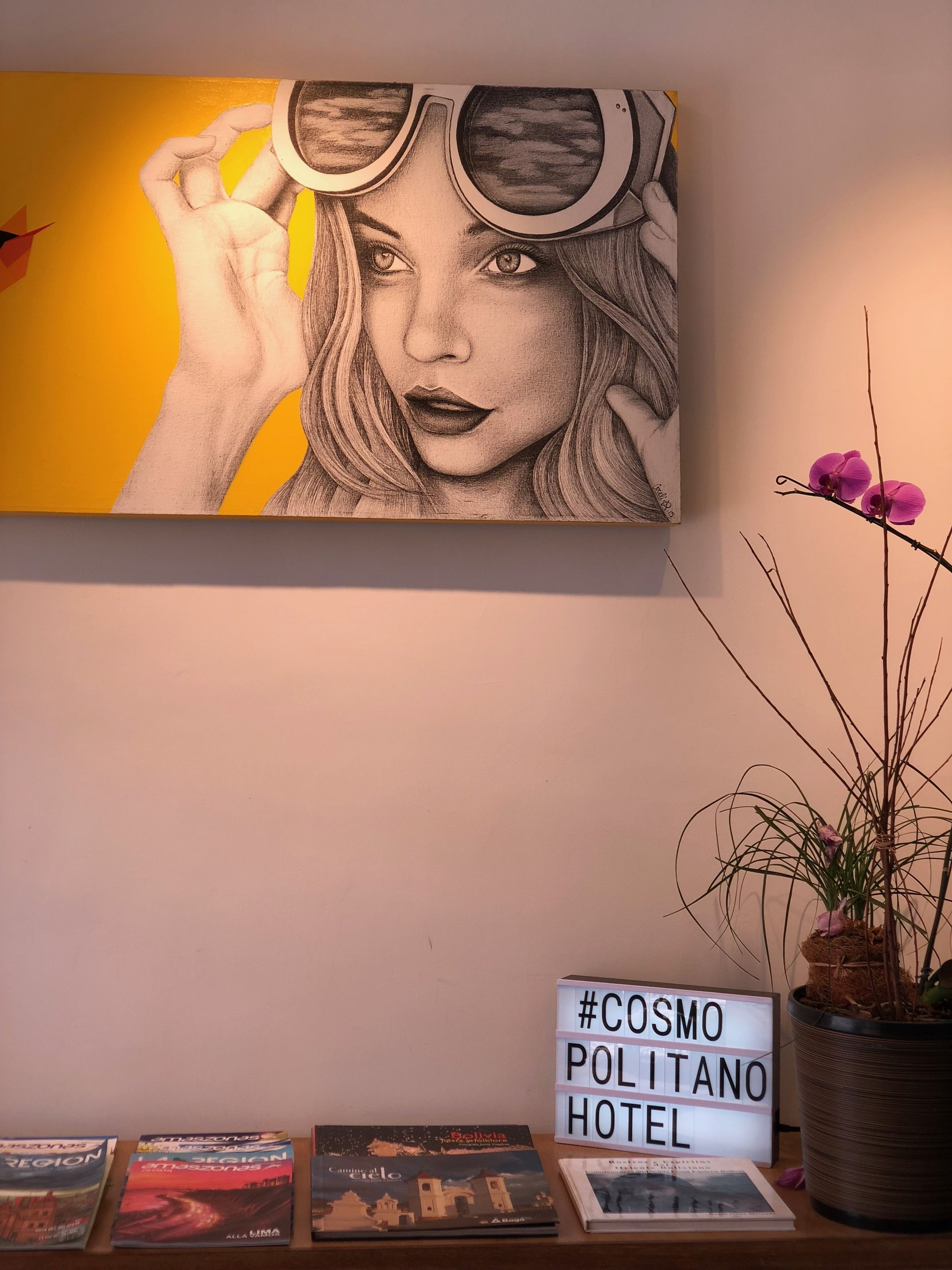 Una pared con una obra de arte enmarcada de una persona usando gafas de sol, un cartel que dice "#COSMO POLITANO HOTEL" y una planta en maceta con flores moradas.