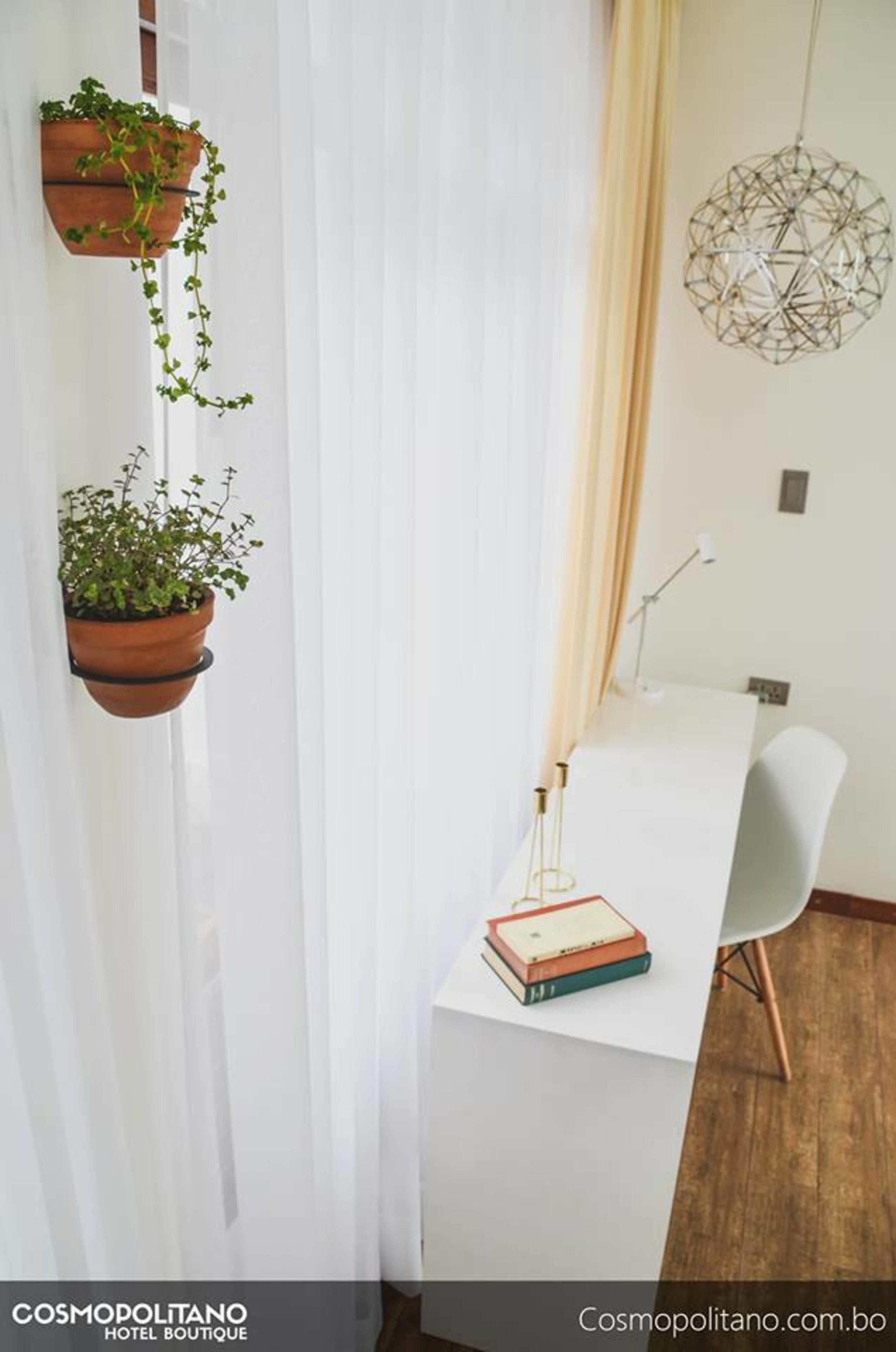 A room with a white curtain, a white table with books, a hanging plant, and a geometric wall decoration.