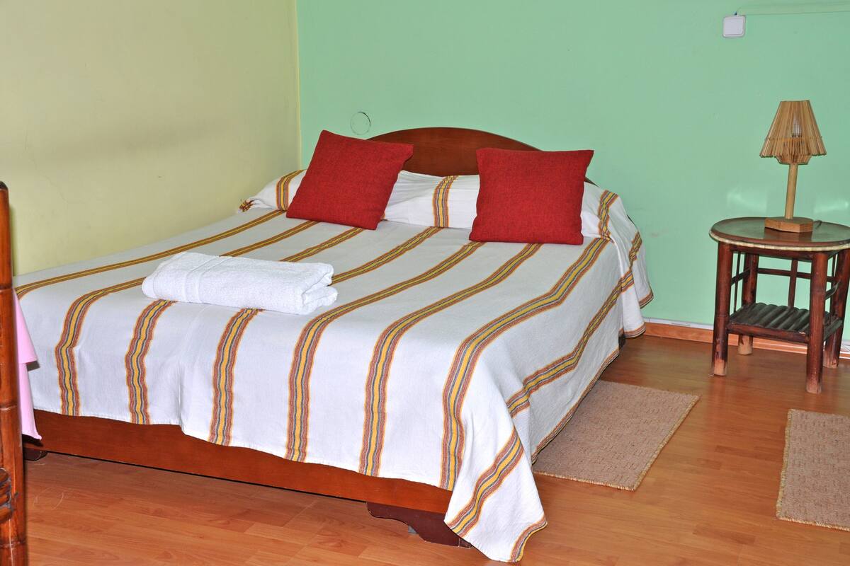 A neatly made bed with striped bedding and two red pillows, a wooden nightstand with a lamp, and a wooden floor.