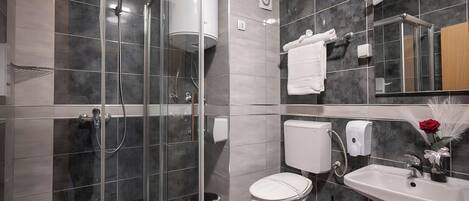 A modern bathroom with a glass-enclosed shower, a toilet, a sink, and a mirror.